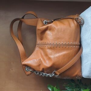 Michael Kors Uptown Astor Silver Studded Sway Shoulder Cognac Leather Bag